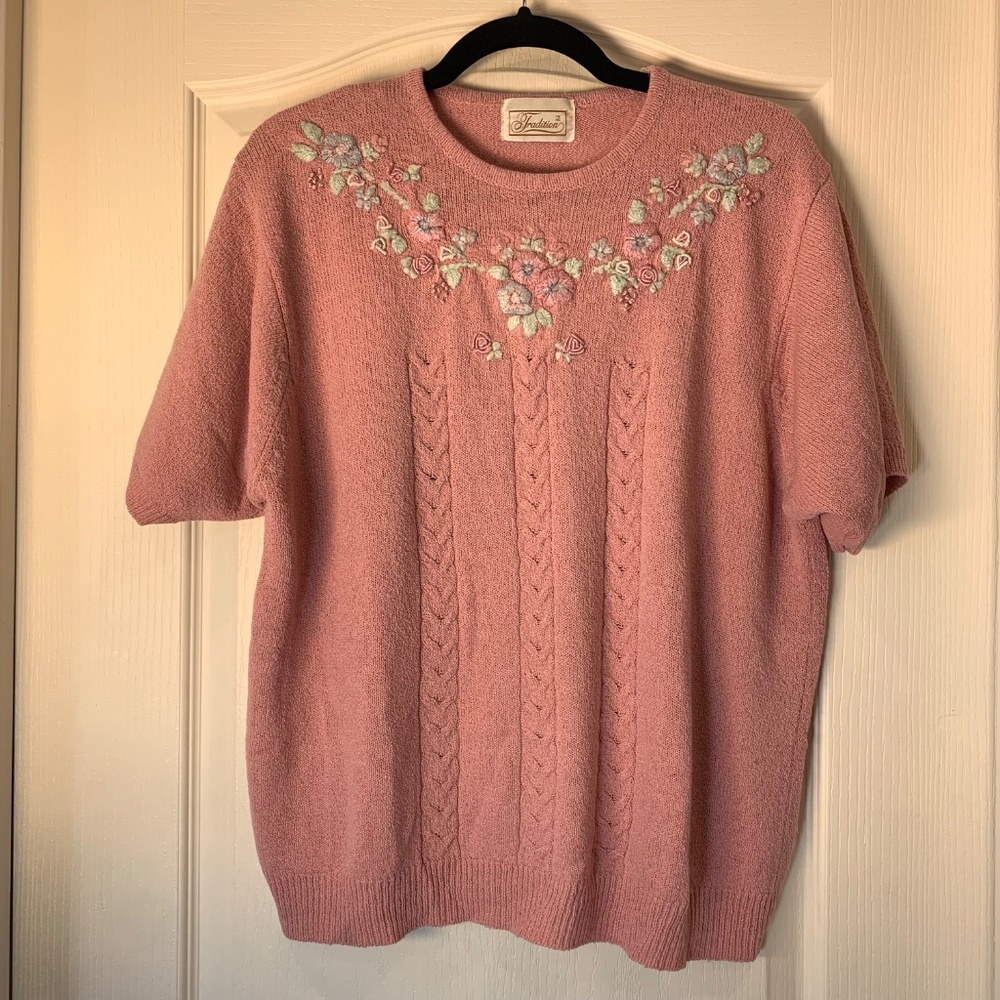 Vintage‎ Floral Knit Sweater – Tradition Pink Embroidered Short Sleeve L Cottage